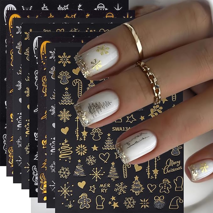 Christmas Nail Art Stickers Decals 6PCS Gold Silver Snowman Snowflake Nail Decals 3D Self-Adhesive Winter Nail Stickers Christmas Tree Santa Claus Elk Holly Christmas Nails Designs Xmas Nails Supplies