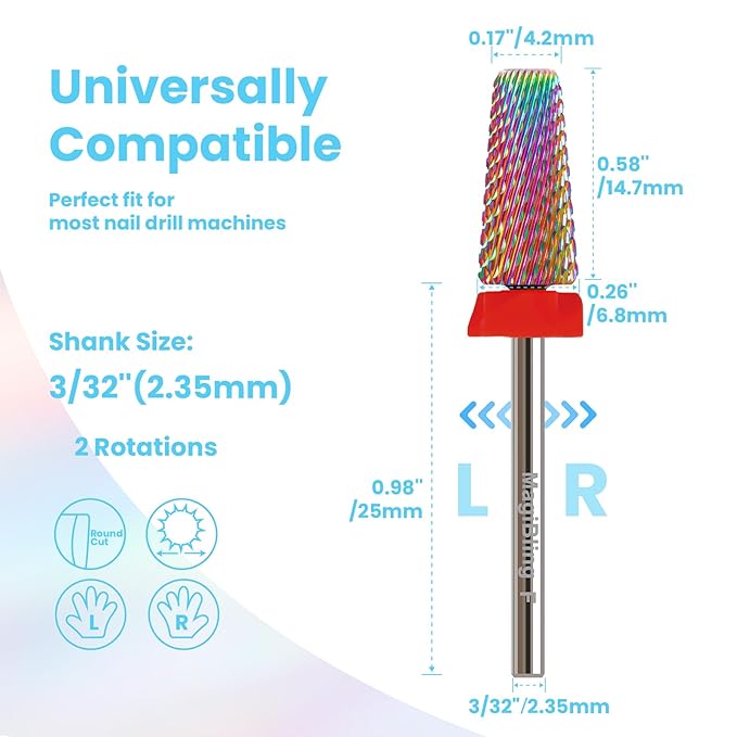 Professional 5 in 1 Tapered Nail Drill Bits, 3/32'' Safety Tungsten Carbide Bits, Remove Hard Gel Fast, Left & Right Hand Use, Easy for Beginner, Technicians Bits, Fine