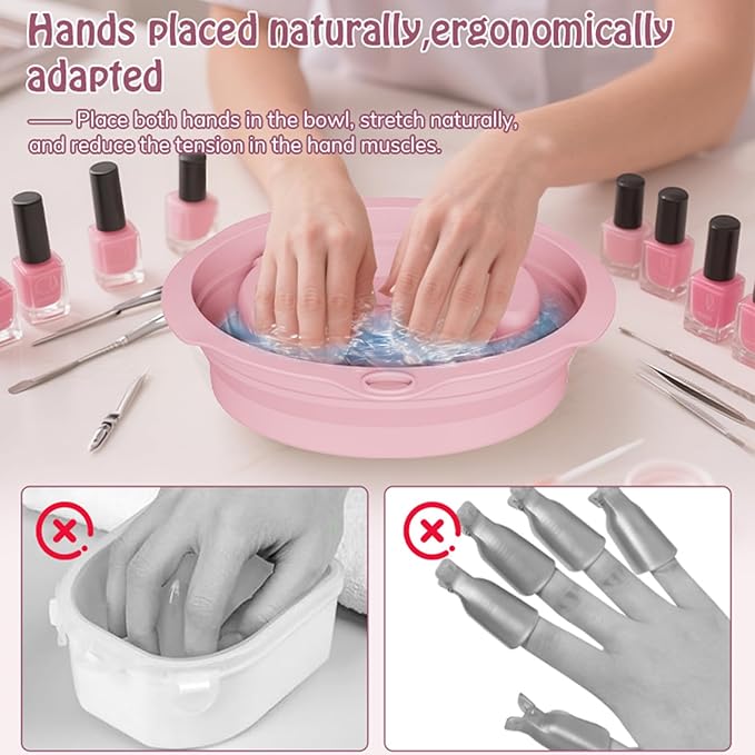 Nail Soaking Bowl, Silicone Foldable Soak Off Gel Polish Dip Powder Manicure Remover Bowl, with Cuticle Pusher, Cuticle Peeler, Nail File
