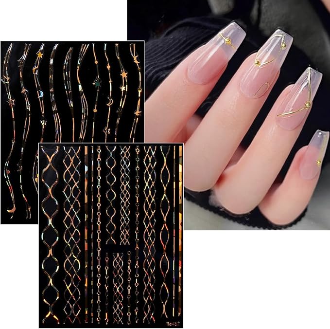 JMEOWIO 9 Sheets Marble Line Nail Art Stickers Decals Self-Adhesive Gold Nail Supplies Nail Art Design Decoration Accessories