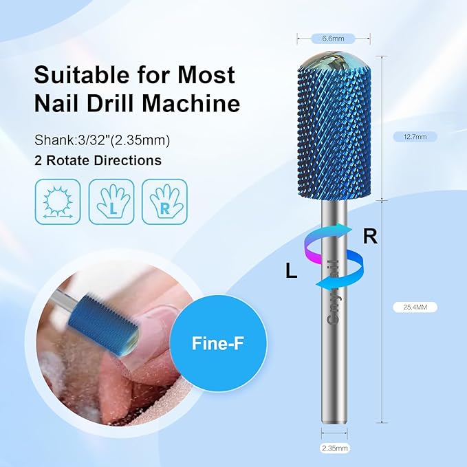 3/32" Large Barrel Smooth Round Top Tungsten Carbide Nail Drill Bit Safety Bit for Gel & Acrylic Removal, 2-Way Rotating Efile Tip, Salon Electric File Accessory (F Grit, Blue)