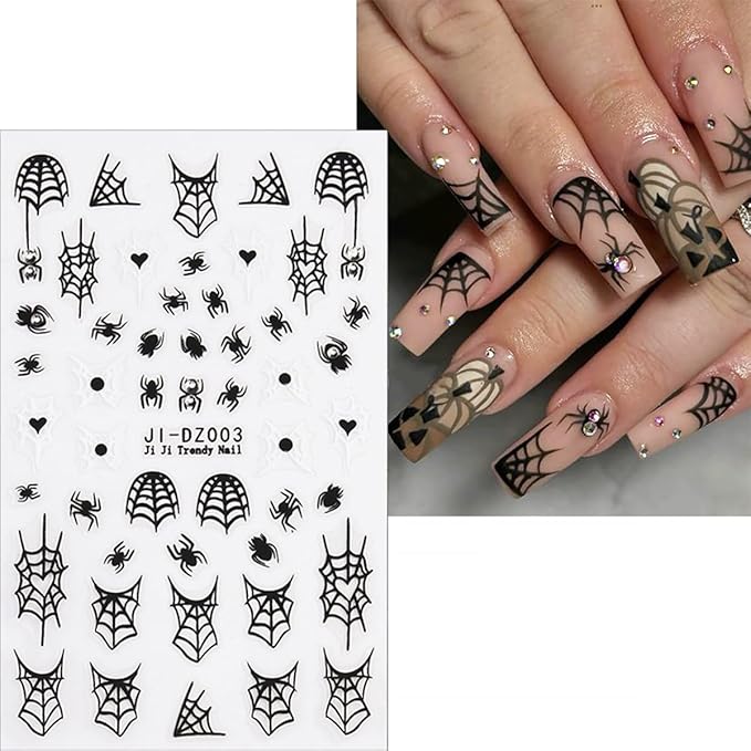 4 Sheets Rhinestones Halloween Stickers 3D Self Adhesive Spider Ghost Nail Art Stickers Glitter Luxury Charms Nail Decals Spooky for Women Halloween DIY Manicure Salon