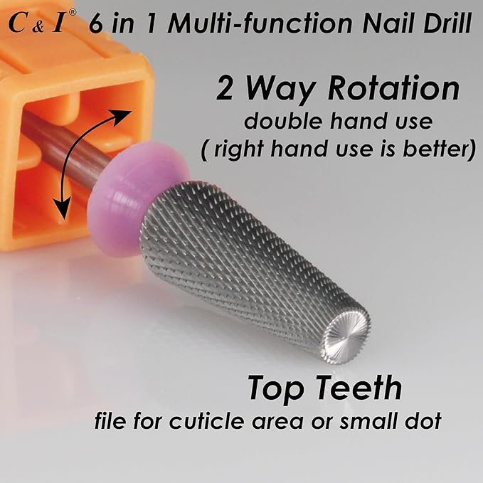 C & I Nail Drill Bit 6 in 1 Multi-function Rounded End E File, Tungsten Steel CNC Overall Cutting, Manicure Tool for Nail Tech Quick Remove Nail Gels, Acrylic Nails (Original, Double Fine -XXF)