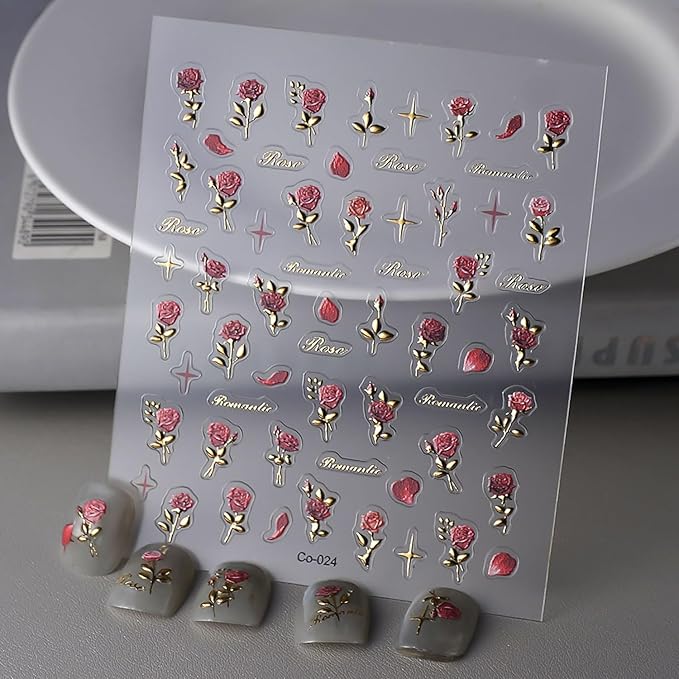 5D Embossed Rose Nail Stickers Flower Nail Art Sticker Valentine's Nail Art Supplies Spring Rose Flower Retro Gold Design Floral Nail Adhesive Sticker for Women Manicure Decoration Accessories