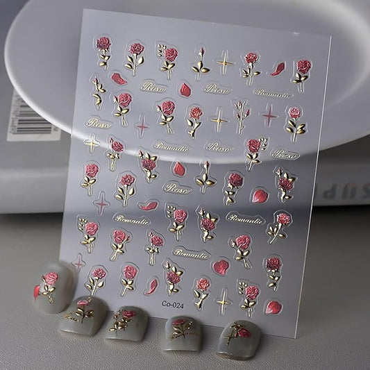 5D Embossed Rose Nail Stickers Flower Nail Art Sticker Valentine's Nail Art Supplies Spring Rose Flower Retro Gold Design Floral Nail Adhesive Sticker for Women Manicure Decoration Accessories