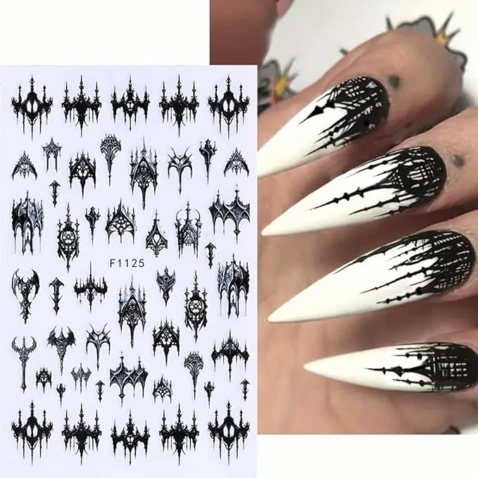 Halloween Nail Art Stickers Decals 3D Gothic Nail Stickers 6PCS Black Skulls Bat Gothic Architecture Design Self-Adhesive Nail Decals Y2K Manicure Accessories for Women Holiday Nail Art Decorations