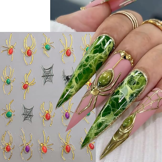 5D Halloween Nail Stickers Spider Ghost Nail Art Stickers Self-Adhesive 5D Engraved Retro Picture Frame Ghost Nail Decals Pegatinas Uñas Jelly Spider Nail Supplies for Women Nails Decorations 2Pcs