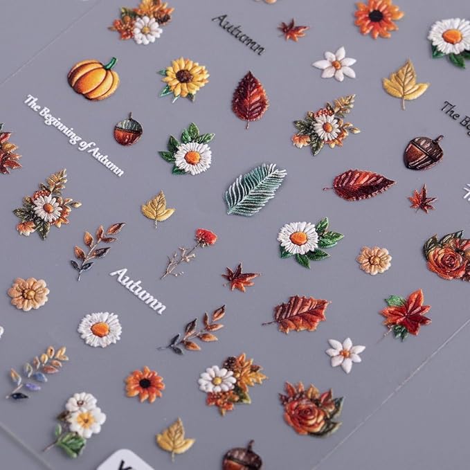 Fall Nail Art Stickers Autumn Maple Leaf Nail Decals 5D Embossed Nails Stickers Fallen Leaf Pumpkin Pine Cones Nail Supplies Autumn Flowers Nail Decals for Women Thanksgiving Day Manicure Decoration