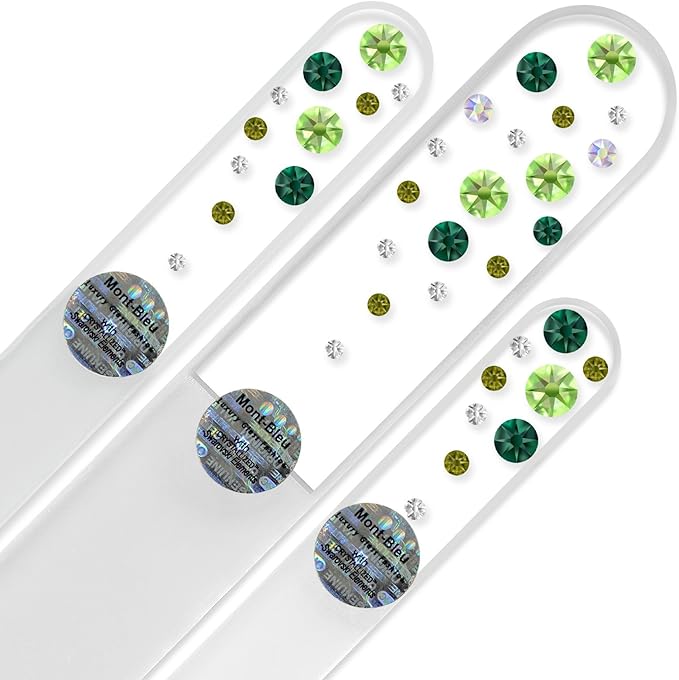Mont Bleu Set of 3 Glass Nail Files Hand Decorated with Crystals - Handmade - Czech Tempered Glass