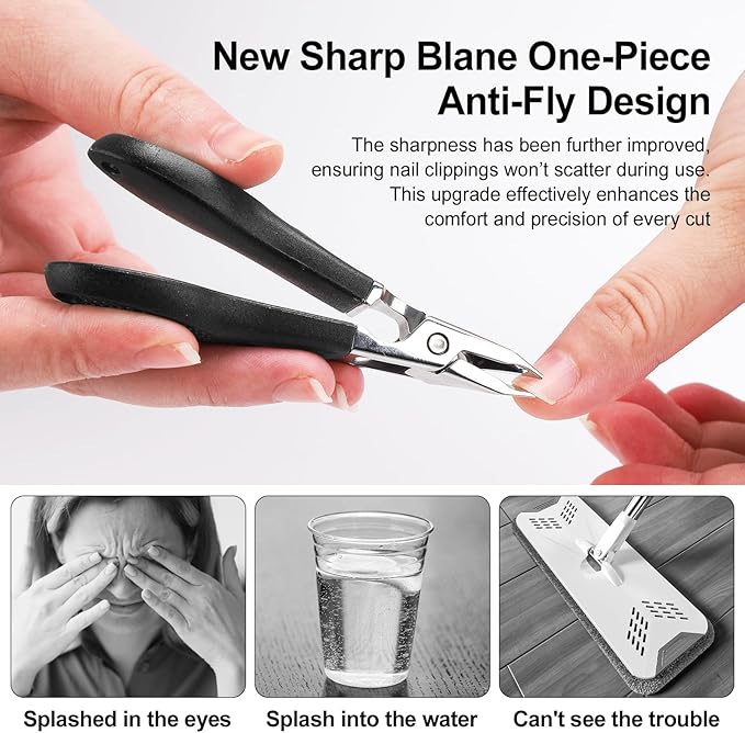 Eagle Beak Nail Clippers for Ingrown & Thick Nails – Beveled/Slanted/Angled Blades, Long Handle Wide Jaw, Anti-Splash Ultra Sharp Stainless Steel Edge 3-Piece Set for Men/Women (Black)