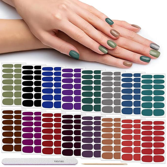 DANNEASY 16 Sheets Solid Color Nail Polish Strips Self Adhesive Nail Stickers Full Nail Wraps Nail Strips for Women Girl Nail Art with 1pc Nail File, Cuticle Stick (Dark Color)