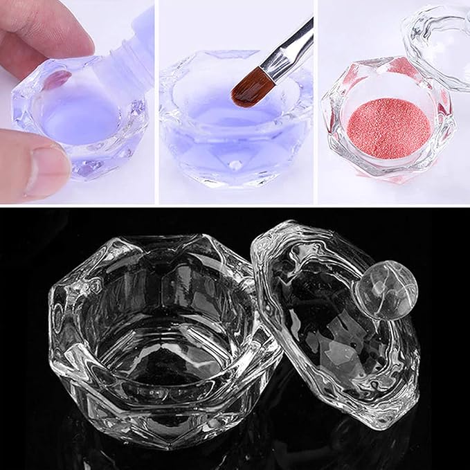 Karlash Nail Art Acrylic Liquid Powder Dappen Dish With Lid Clear Glass Crystal Cup Glassware Tools Glass Dappen Dish Nail Crystal Bowl Glass… (Pack of 2)
