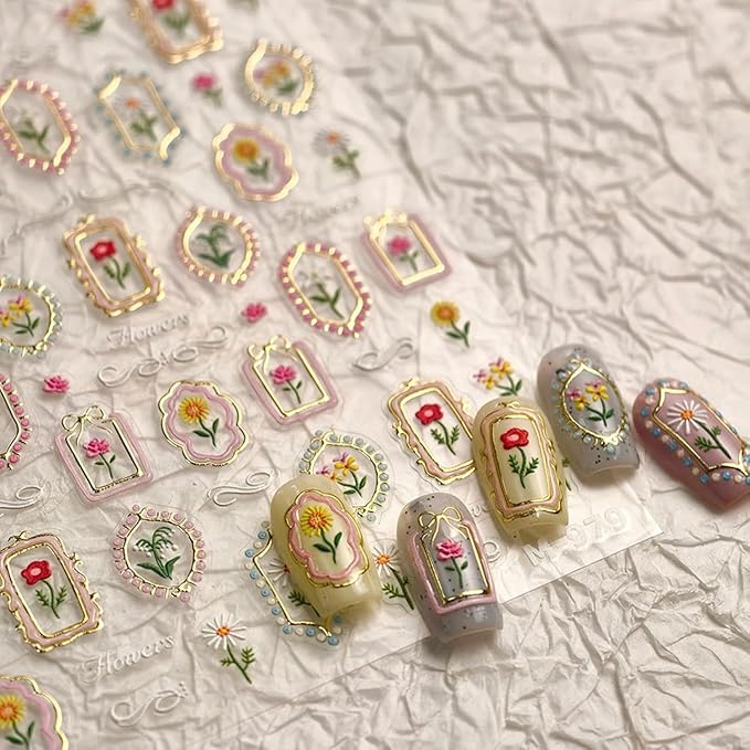 Flower Nail Decals Embossed Summer Tulip Nail Art Stickers 5D Self-Adhesive Gold Pink Nail Stickers Floral Nails Designs Decals Summer Nails Decoration for Women Girls