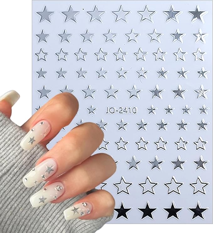 6 Sheets Metallic Mirror Star Nail Art Stickers 3D Shiny Silver Hollow Out Heart Nail Decals French Silver Glitter Star Moon Nail Designs Sticker for Women DIY Manicure Decoration