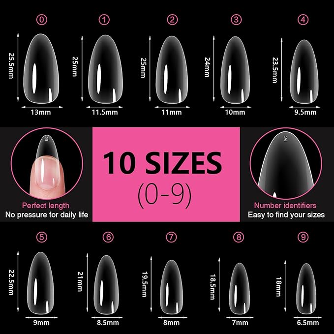 Medium Almond Nail Tips 500PCS, Clear Acrylic Full Cover Gel Press on Nail Tips for DIY, 10 Sizes Pre-Shaped False Nails with Glossy Finish, Professional Manicure Kit & Easy Application