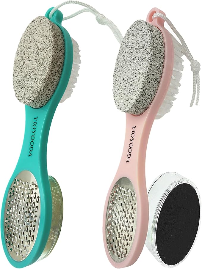 Foot File Callus Remover 5-in-1, 2 Pcs Feet Scraper Pedicure Tools with Pumice Stone, Scrubber Brush, Stainless Steel Foot Rasp and Sand Paper Debris Catcher, Multi Purpose, Pink Cyan