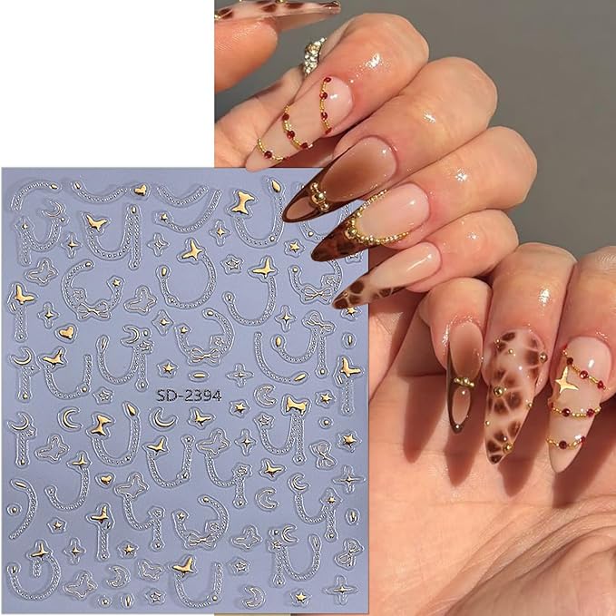 4 Sheets Embossed Nail Decals for Nail Art 5D Gems Designs Nail Art Stickers Purple Moon Star Nail Stickers Self-Adhesive Gold Chain Butterfly Nails Decal for Women DIY Manicure Decors