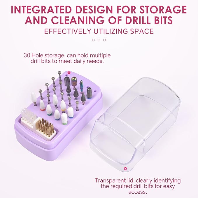 2 in 1 Nail Drill Bit Holder & Nail Drill Bit Cleaner Brush Case 30 Holes Dustproof Nail Drill Bit Display Stand Organizer Box Manicure Drill Bits Cleaning Brush Bits Storage Tool, Purple