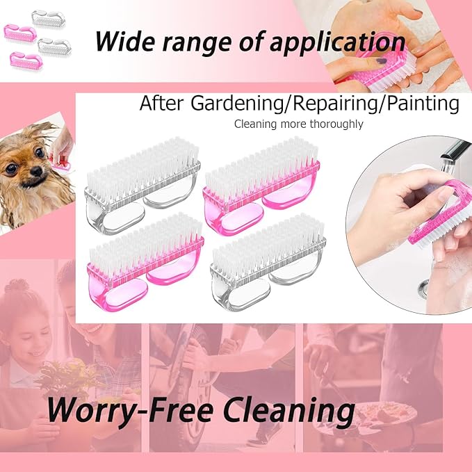 4-Pack Handle Grip Nail Brush, Hand Fingernail Brush Cleaner Scrubbing Kit Pedicure for Toes and Nails Men Women(Pink + Clear)