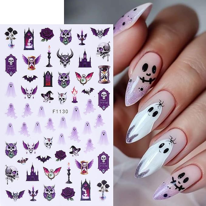 6 Pcs Halloween Nail Art Stickers,Cute Bear and Cat 3D Self-Adhesive Nail Decals with Designs Skull Pumpkin Nail Decorations Halloween DIY Manicure Supplies for Women Girls