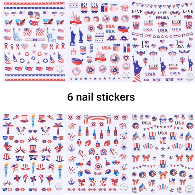 6 Sheets 4th of July Nail Art Stickers 3D Self Adhesive Independence Day Nail Stickers American Flag Patriotic Design Sticker Supplies Pegatinas Uñas Firework Nail Sticker for Women Acrylic Manicure