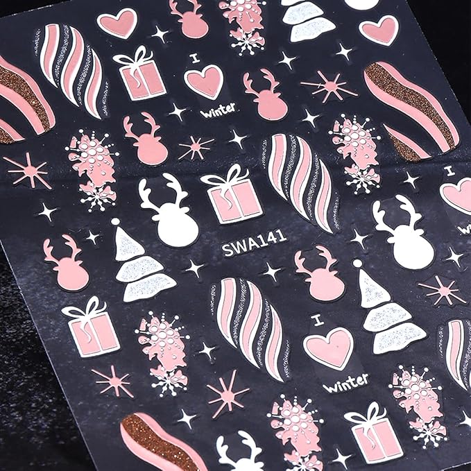 4 Sheets Christmas Nail Stickers for Nail Art WLGDLH 3D Self Adhesive Gold Pink Nail Art Stickers Snowflake Gift Nail Decals Xmas Elk Deer Nail Supplies for Women DIY Christmas Decorations
