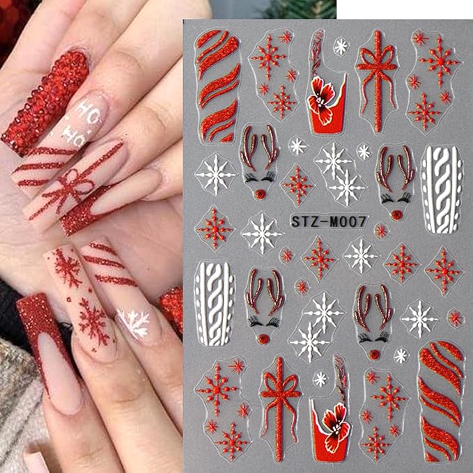 Christmas Nail Stickers,Cartoon Xmas with Cute Gingerbread Man Snowflake Candy Crutch Snowflake Gift Bow Elk French Glitter Design Self-Adhesive Decals for Nails Winter Manicure Decoration 6Sheets