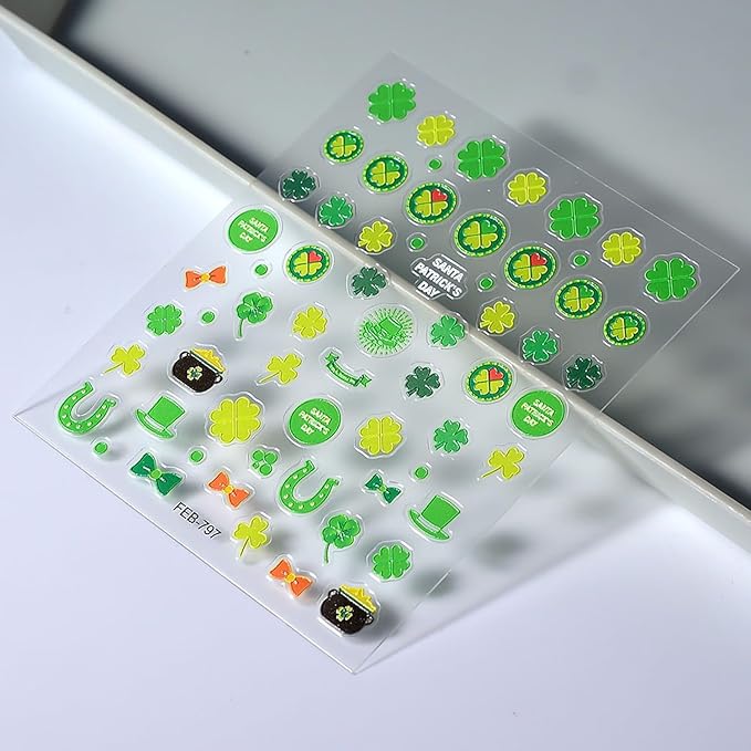 St. Patrick's Day Nail Art Stickers,Green Shamrock 3D Relief Self-Adhesive Nail Decals St. Patrick's Nail Supplies Four Leaf Clover Nail Sticker Lucky of Irish Spring Summer Design Manicure Decor