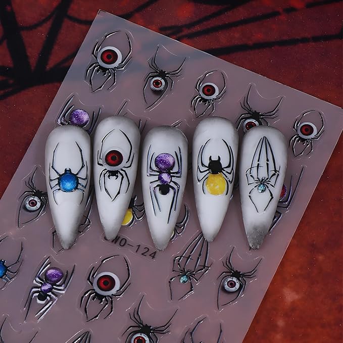 2 Sheets Halloween Nail Art Stickers Flower Nail Stickers 5D Self-Adhesive Colorful Spider Nail Decals Cute Ghost Nail Art Skeleton Nail Supplies Decoration for Women and Girls
