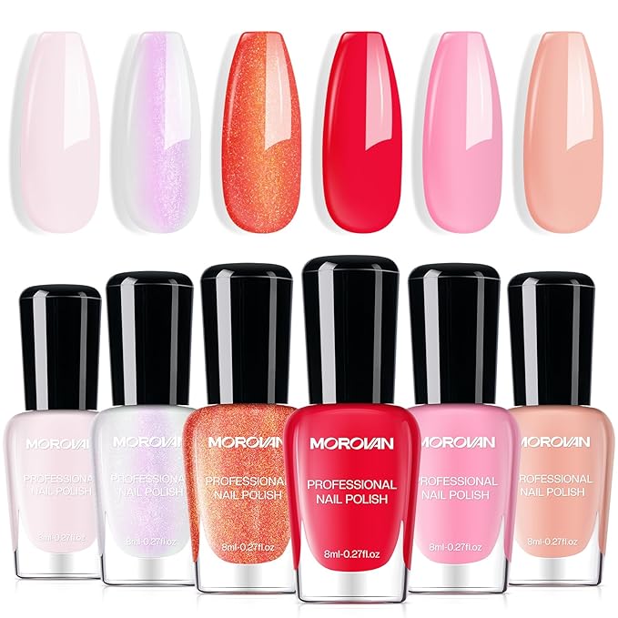 Morovan Pink Nail Polish Set: Pearl White Light Coral Pink Fingernail Polish Kit Shimmer Sparkle Air Quick Dry Glossy Nail Pack for 2025 Nail Art Manicure Holiday Gift Party for Women