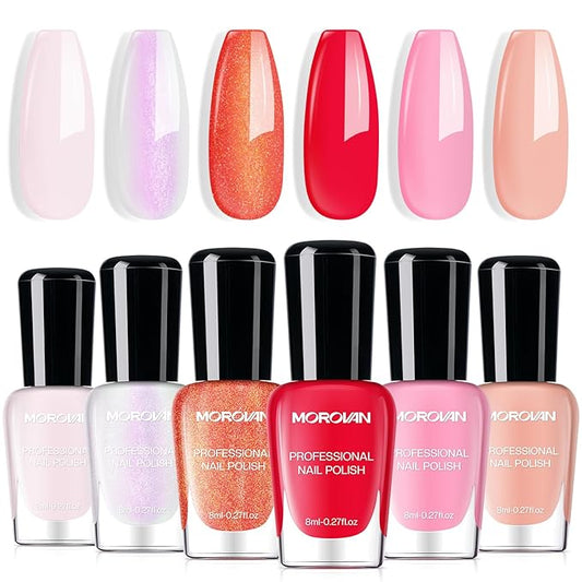 Morovan Pink Nail Polish Set: Pearl White Light Coral Pink Fingernail Polish Kit Shimmer Sparkle Air Quick Dry Glossy Nail Pack for 2025 Nail Art Manicure Holiday Gift Party for Women