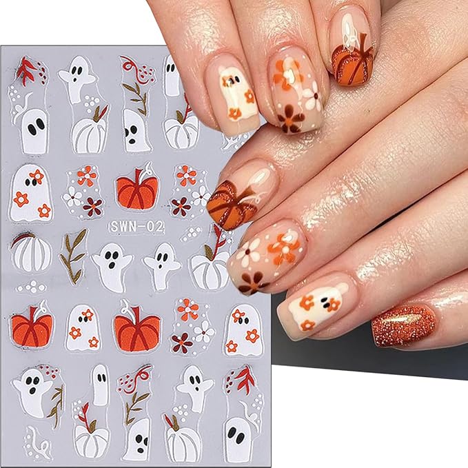 3Pcs Halloween Nail Stickers 5D Embossed Flower Ghost Nail Decals Spider Web Pumpkin Bandage Design Goth Spider Nail Art Stickers French Mummy Skeleton Nails Supplies for Women Holiday Manicure Decor