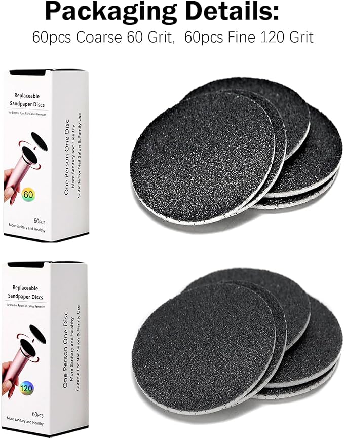 120pcs Replaceable Sandpaper Discs 60 Grit 120 Grit, Thick Self-Adhesive Replacement Sandpaper Refill Sanding Pads for Electric Foot Callus Remover Feet Sander (60 Grit +120 Grit)