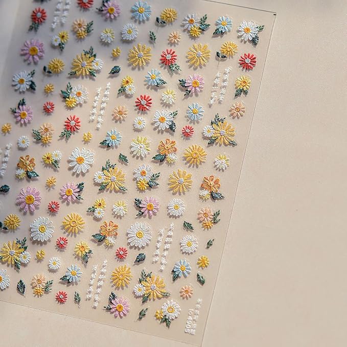 Colorful Daisy Nail Art Stickers 5D Embossed Daisy Nail Stickers Self Adhesive Cute Flower Nails Decals White Floral Design Sticker Spring Summer Nails Supplies for Women DIY Manicure