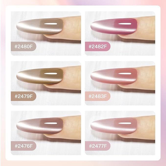 JODSONE 10ml Cat Eye Gel Nail Polish Set Pink Brown Collection 6 Colors for Holographic Glitter Cat Eye with Magnet at Home Salon Design Gift for Girls