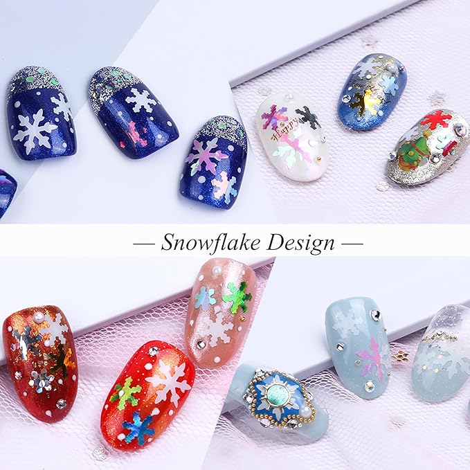 White Snowflake Nail Art Glitter Sequins, 3D Winter Christmas Sparkly Nail Flakes Designs, Shiny Confetti Acrylic Supplies for Women Manicure Charms Holiday Decorations