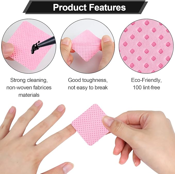 400 Pieces Nail Cotton Pads,1 Pull-Down Pump Dispenser Bottle, Super Absorbent Soft Non-Woven Eyelash Glue Wipes, Nail Polish dehumidifier for Eyelash Extension Products and Nail Oil Bottle (Pink)