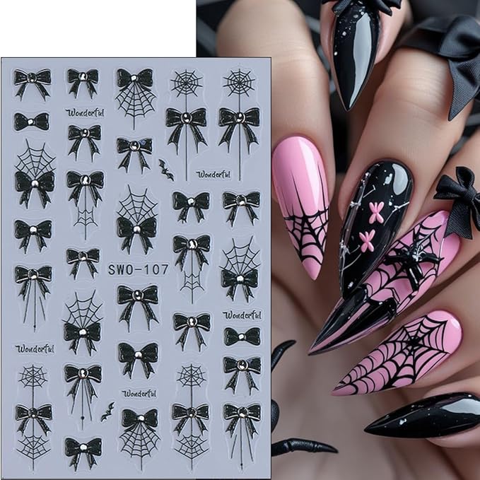 4Sheets Halloween Nail Art Stickers 5D Self Adhesive Black Red Bow Nail Decals with Drill Blood Drop Spider Web Nail Stickers Halloween Gothic Design Holiday Nail Decoration Accessories for Women