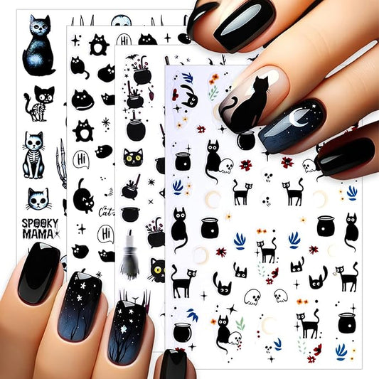 4 Sheets Halloween Nail Stickers Flower and Horror Cat Nail Art Stickers Skeleton Design Nail Decals Halloween Decoration Manicure DIY for Women