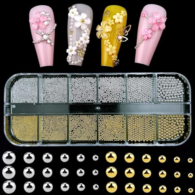 Mini Small Nail Beads Silver Gold Nail Charms and Gems Ball Metal Caviar Bead, Nail Chain for Nail Art Accessories Supplies Gold Rhinestones for Women Manicure 2
