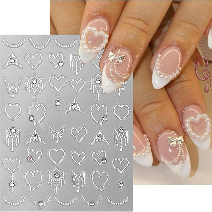 2 Sheets 5D Embossed Nail Art Stickers for French Line Design Silver White Glitter Pearl Rhinestones Nail Decals Heart Waves Nail Design Stickers Grace Cute Nail Decor for Women Manicure Supplies