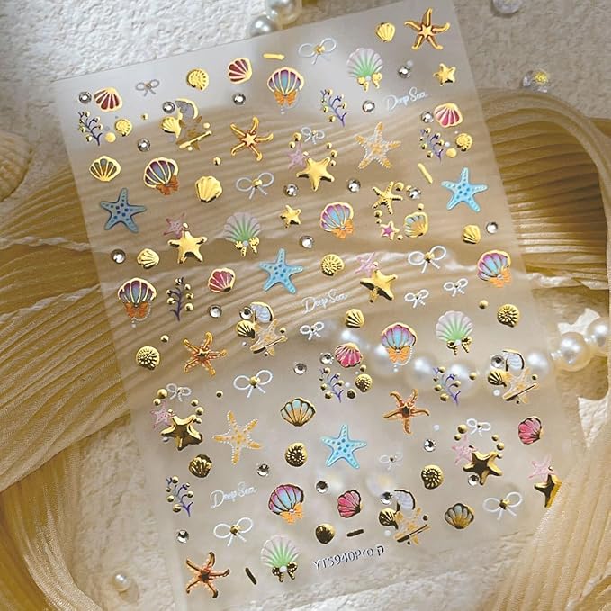 1 Sheets Gold Shell Nail Stickers for Nails Art 5D Embossed Self-Adhesive Summer Nail Art Stickers Ocean Star Jellyfish Design Beach Nail Decals Nail Art Supplies for Women Acrylic Manicure Salon