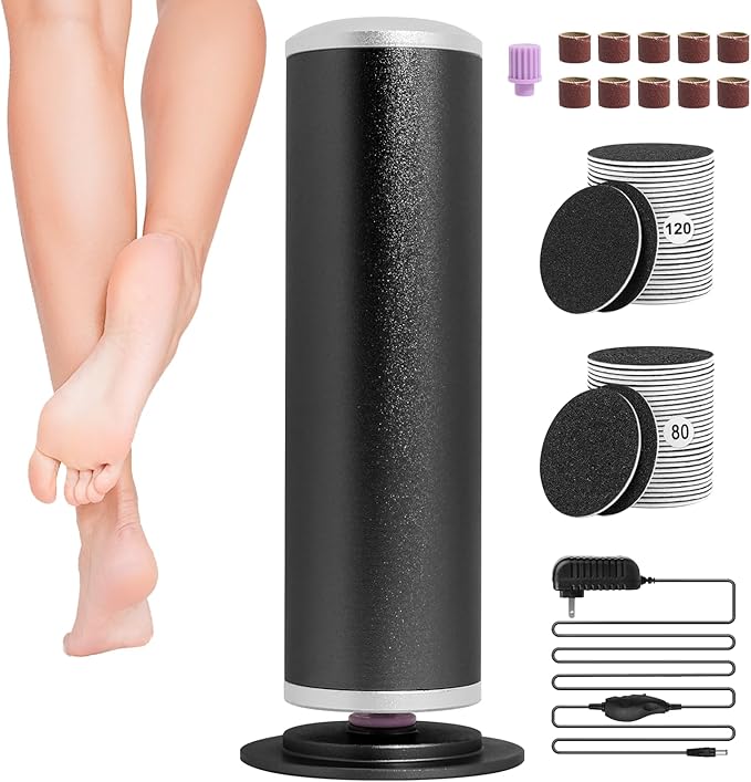 Electric Foot File, Callus Remover for Feet, Adjustable Speed Control Pedicure Tools for Dead Skin Calluses with 60 PCS Sandpaper Discs and 5 PCS Nail Drill Bits (Black)