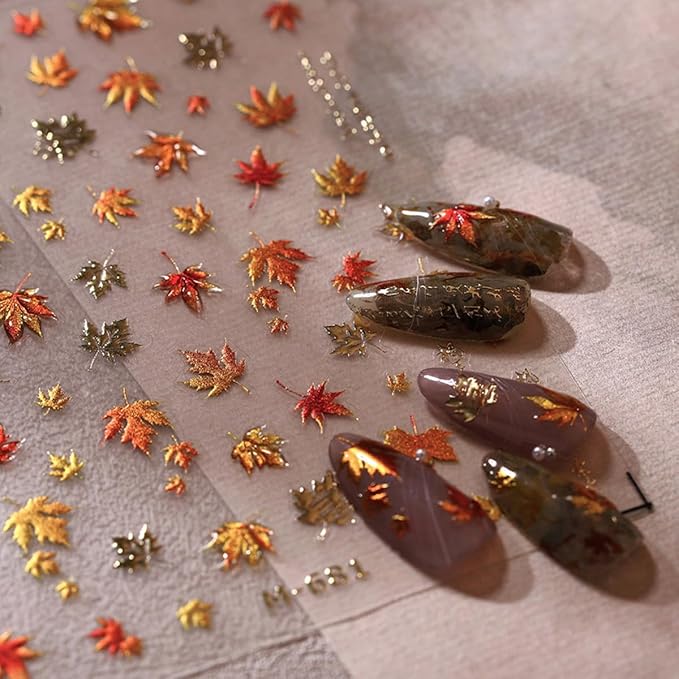 Maple Leaf Nail Art Stickers Fall Nail Stickers 5D Embossed Nail Decals 1PCS Falling Leaves Autumn Nails Design Nail Art Supplies Fall Sticker for Nails Thanksgiving Day DIY Manicure Nail Decorations