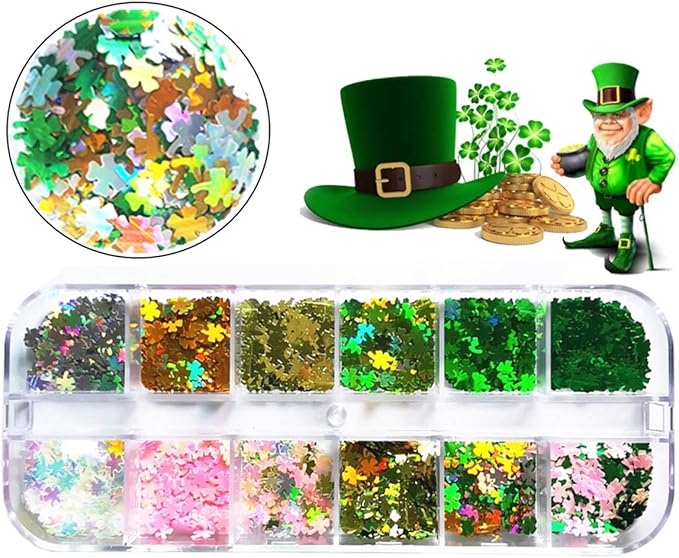St. Patrick's Day Nail Art Glitters Green Clover Flakes Nail Sequins 3D Shamrocks Nail Art Glitter Design Holographic Leaf Sequin Nails Supplies Shine Lucky Nail Art Stickers Decorations DIY Crafts