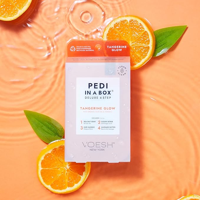 VOESH Pedi in a Box 4 Step Fruity Trio - 3 Pack of Mango Delight, Tangerine Twist & Vitamin Recharge Pedis, Home Pedicure, Vegan Foot Care, DIY Pedi