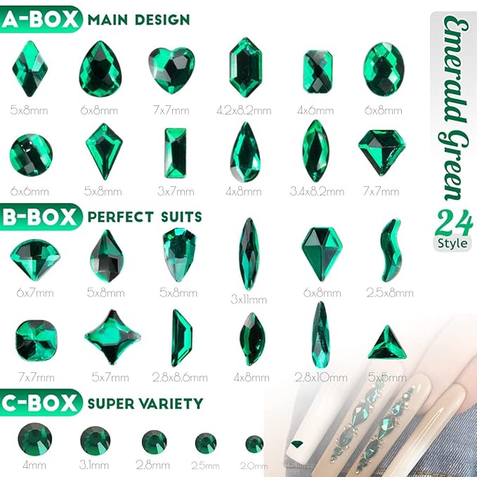 3 Boxes Emerald Green Nail Rhinestones 240 Multi-Shapes Big Gems Dark Green Flatback Round Beads K9 Glass Crystals Stones Nail Art Charms for Nails Face Eyes Makeup DIY Crafts Tumblers Bottles