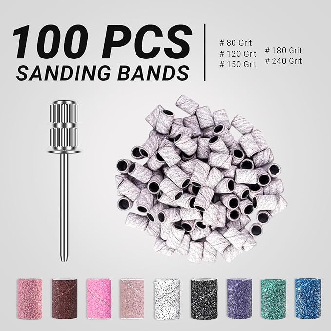 MelodySusie 100 Pcs Nail Drill Bits Sanding Bands for Nail Drill 120 Medium Grit Nail File Sanding Bands for Acrylic Nails Gel Manicures and Pedicure