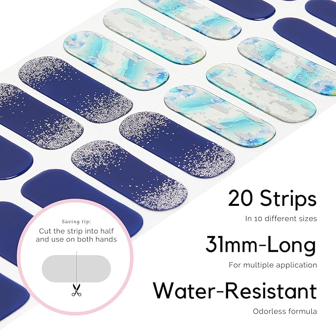 NAILOG Semi Cured Gel Nail Strips, Extra Long Nail Polish Strips (20 Pieces), Long Lasting Semi Cured Nail Stickers with Soft Glossy Gel Finish, Lake Dawn