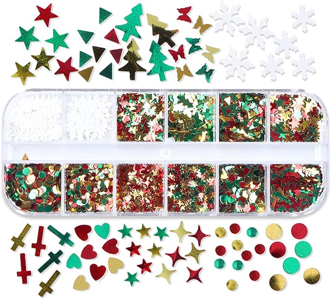 Christmas Glitter Nail Art Sequins, 3D Christmas Tree Snowflakes Love Heart Stars Circle Nail Sparkly Flakes Design Supplies for Women Girls Manicure Holiday Decorations, Xmas Resin Nail Art Tips